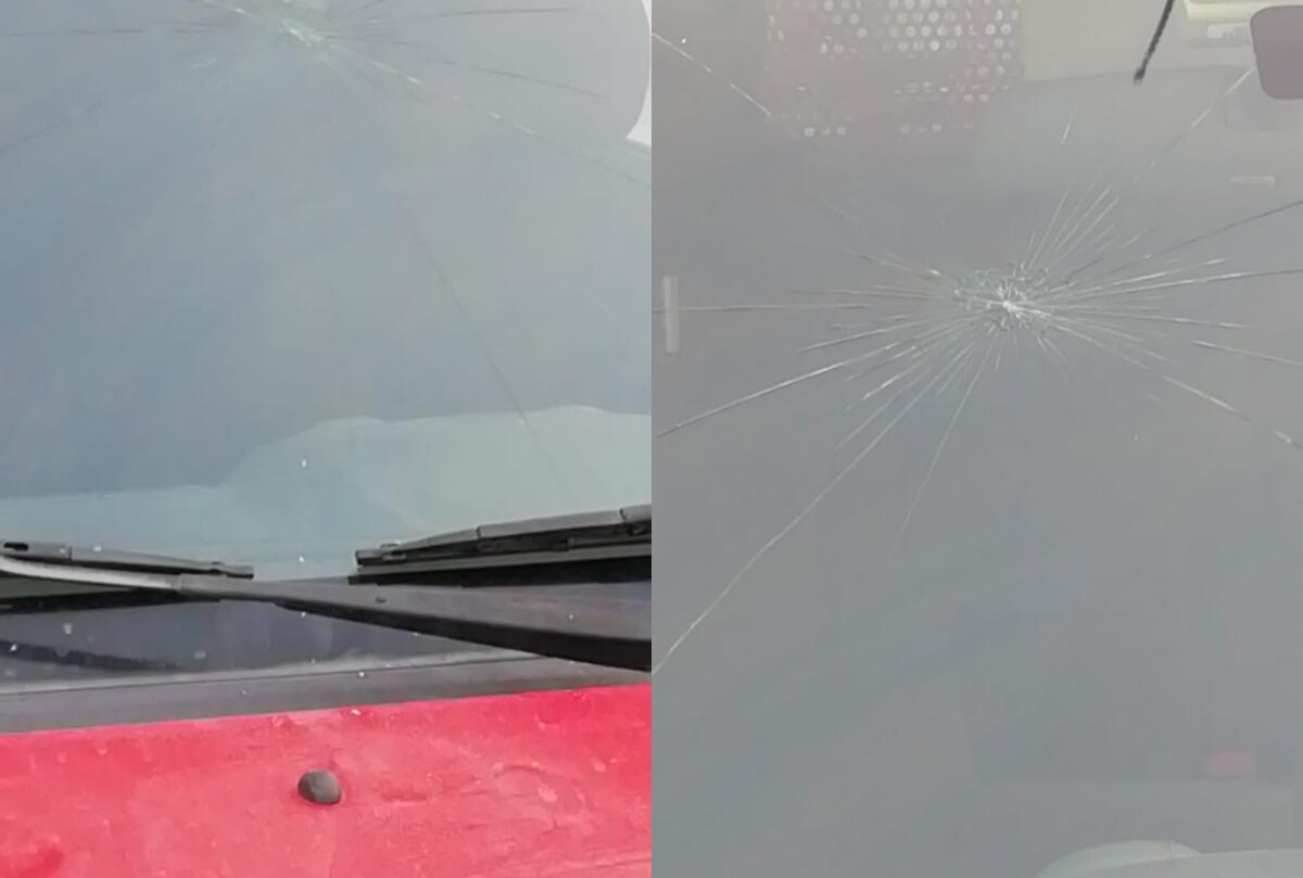 COLPITO CON OGGETTO   UN MEZZO DEI VIGILI DEL FUOCO MENTRE ERANO IN UN INCENDIO, SPACCATO IL PARABREZZA - 