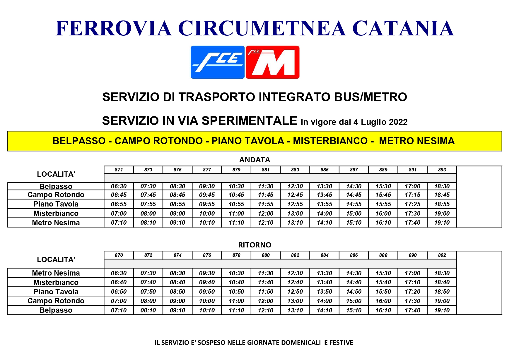 E' ATTIVO METRO SHUTTLE CHE COLLEGHERÀ BELPASSO, CAMPOROTONDO ETNEO, PIANO TAVOLA E MISTERBIANCO ALLA STAZIONE NESIMA. TUTTI GLI ORARI