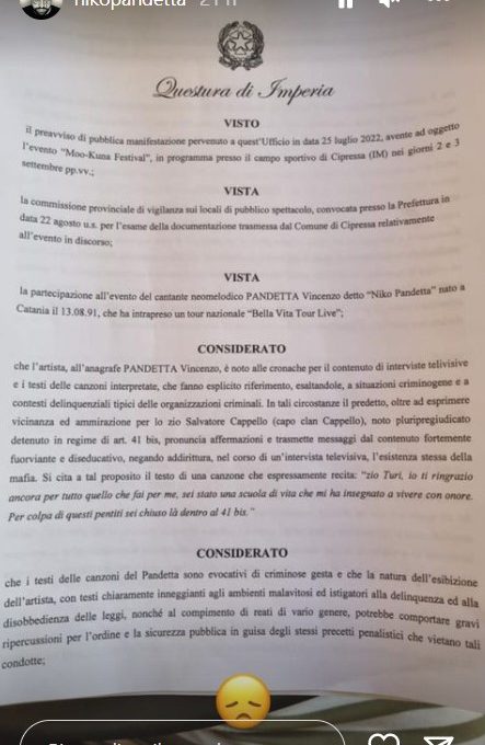 ALTRO LIVE CANCELLATO PER IL CANTANTE NIKO PANDETTA. L’ORDINANZA: «ESALTA I CONTESTI MAFIOSI»