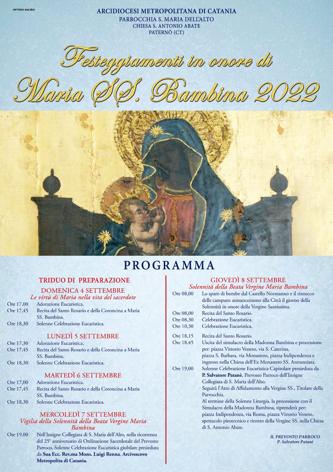 PATERNÒ:AL VIA I  FESTEGGIAMENTI IN ONORE DI MARIA SANTISSIMA BAMBINA 2022 - PROGRAMMA