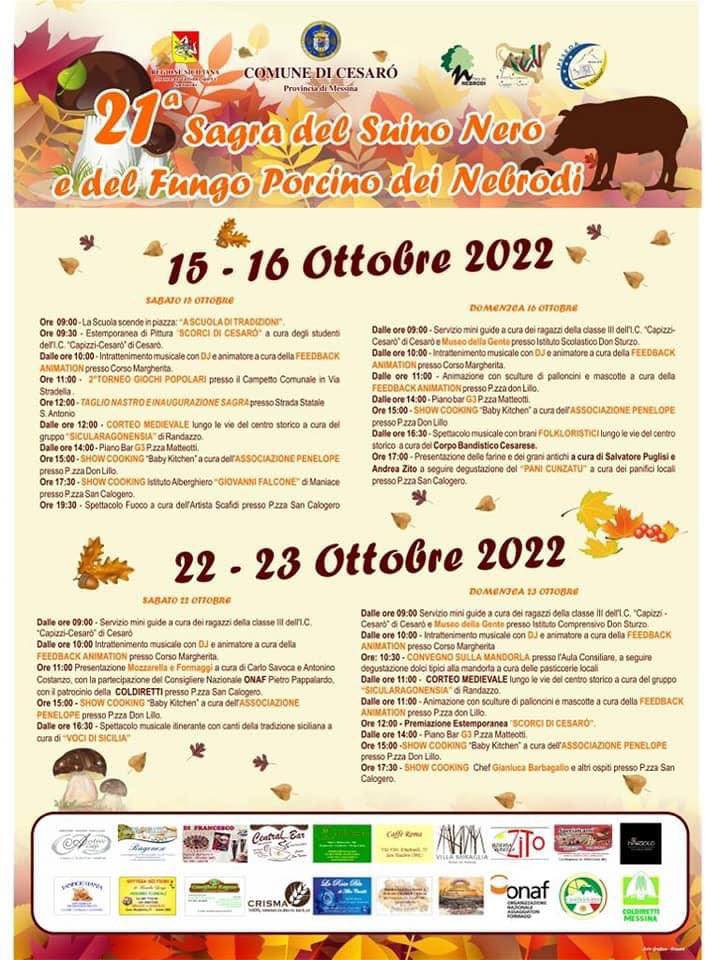 CESARO’: TORNA LA SAGRA DEL SUINO NERO E DEL FUNGO PORCINO DEI NEBRODI – IL PROGRAMMA