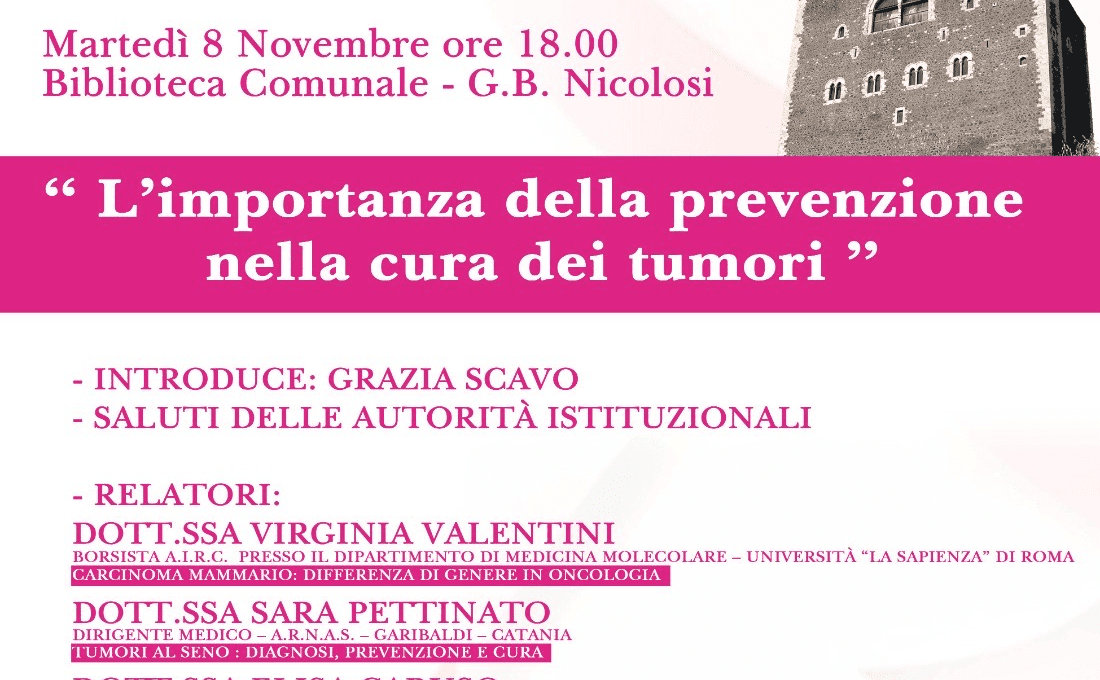 PATERNO. PREVENZIONE AI TUMORI. DOMANI CONFERENZA IN BIBLIOTECA G.B.NICOLOSI