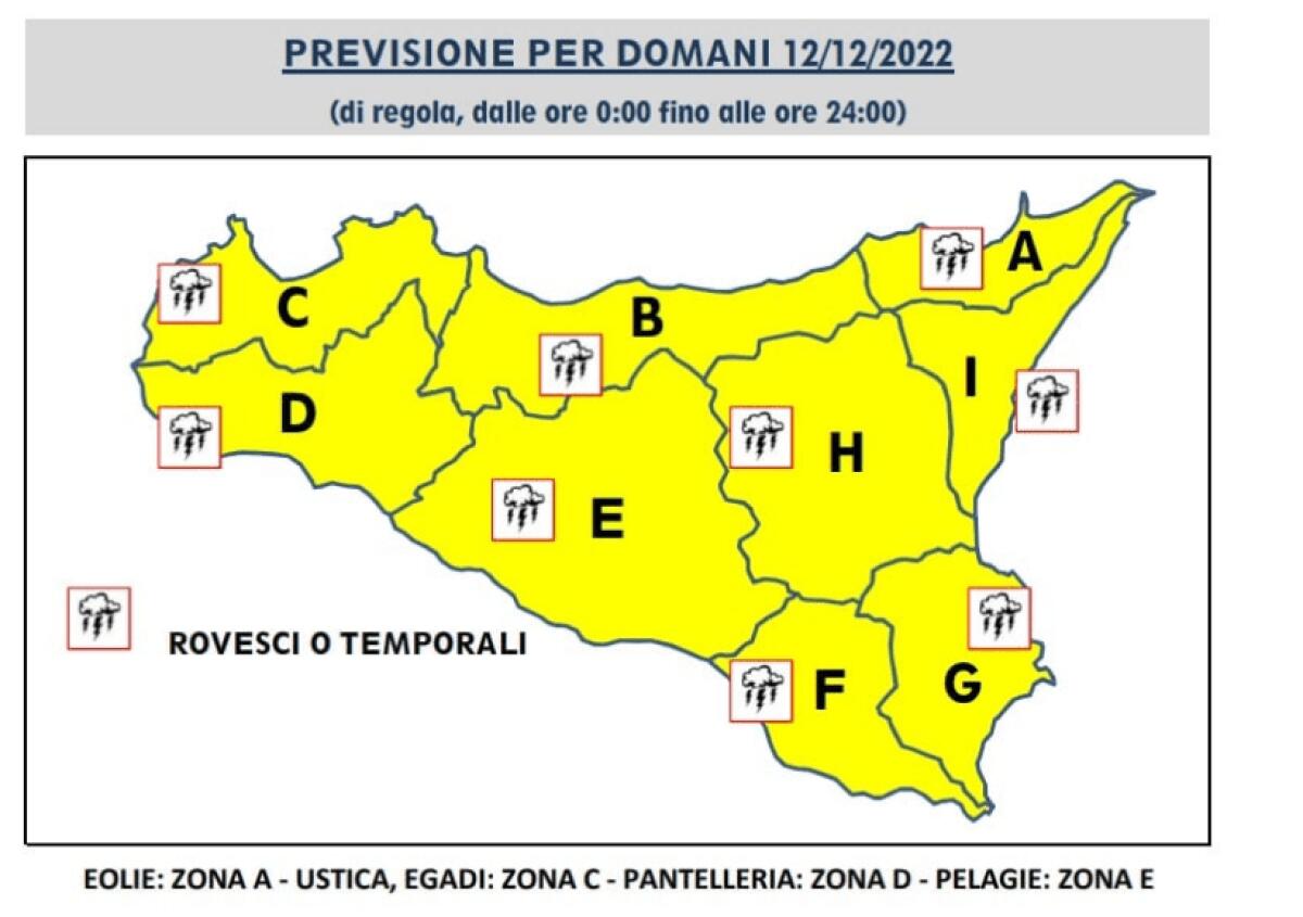 METEO, DOMANI LUNEDI 12 DICEMBRE ALLERTA GIALLA IN TUTTA LA SICILIA - 