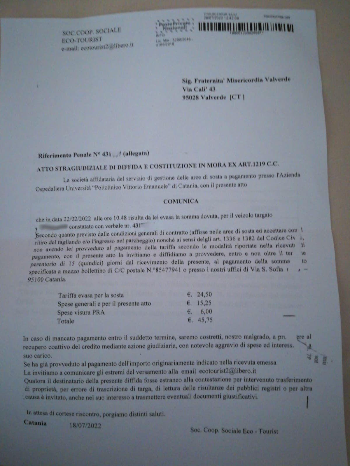 COMITATO MISERICORDIE CATANIA CONTRO OSPEDALI POLICLINICO E SAN MARCO PER INGRESSO AMBULANZE