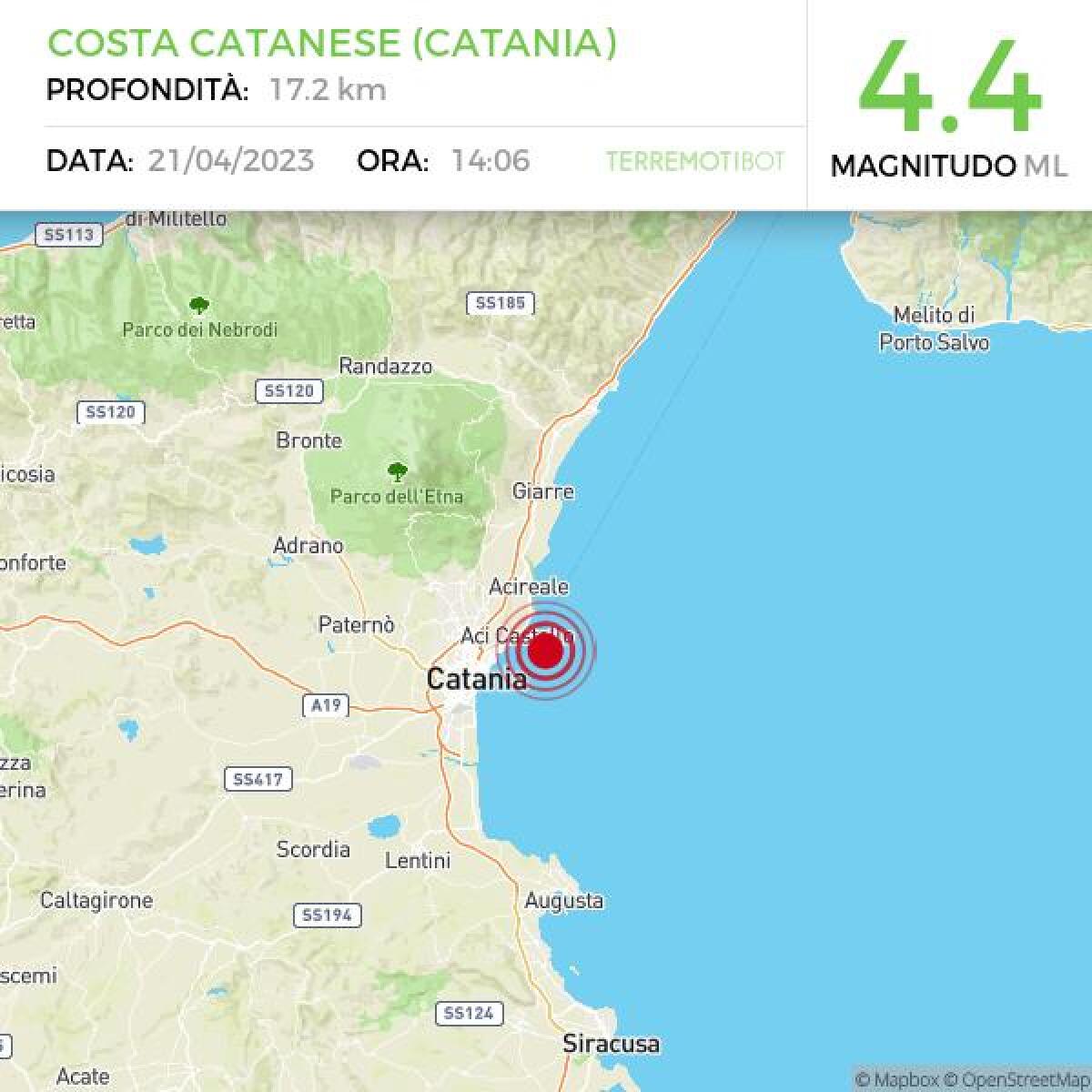 INGV CONFERMA LA SCOSSA DI TERREMOTO A UNA MAGNITUDO DI 4.4., EPICENTRO NELLA COSTA CATANESE, IPOCENTRO A 17 KM DI PROFONDITÀ. - 