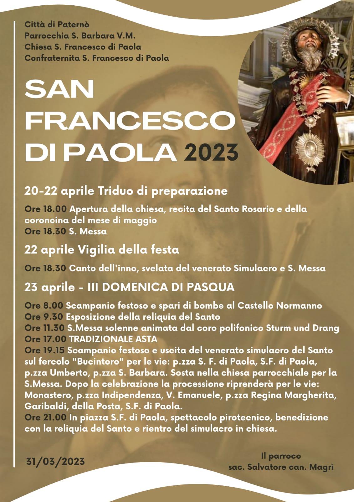 PATERNO'. DOMENICA 23 APRILE TORNA LA FESTA DI S. FRANCESCO DI PAOLA. IL PROGRAMMA