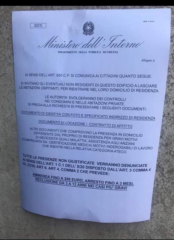 IN DIVERSE CITTÀ SONO COMPARSI DEGLI INVITI DEL MINISTERO A LASCIARE CASA. LA POLIZIA AVVISA: È UNA TRUFFA