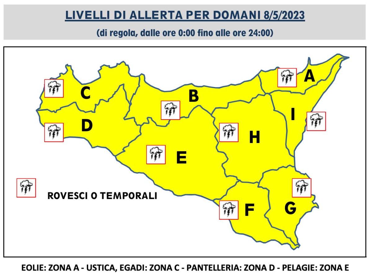 METEO. DOMANI, 08 MAGGIO 2023 ALLERTA GIALLA IN TUTTA LA SICILIA - 