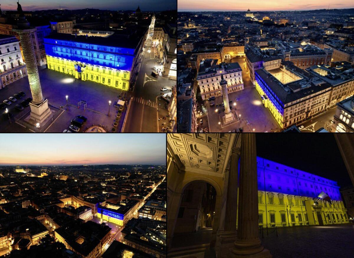 PALAZZO CHIGI ILLUMINATO CON I COLORI DELL'UCRAINA - 