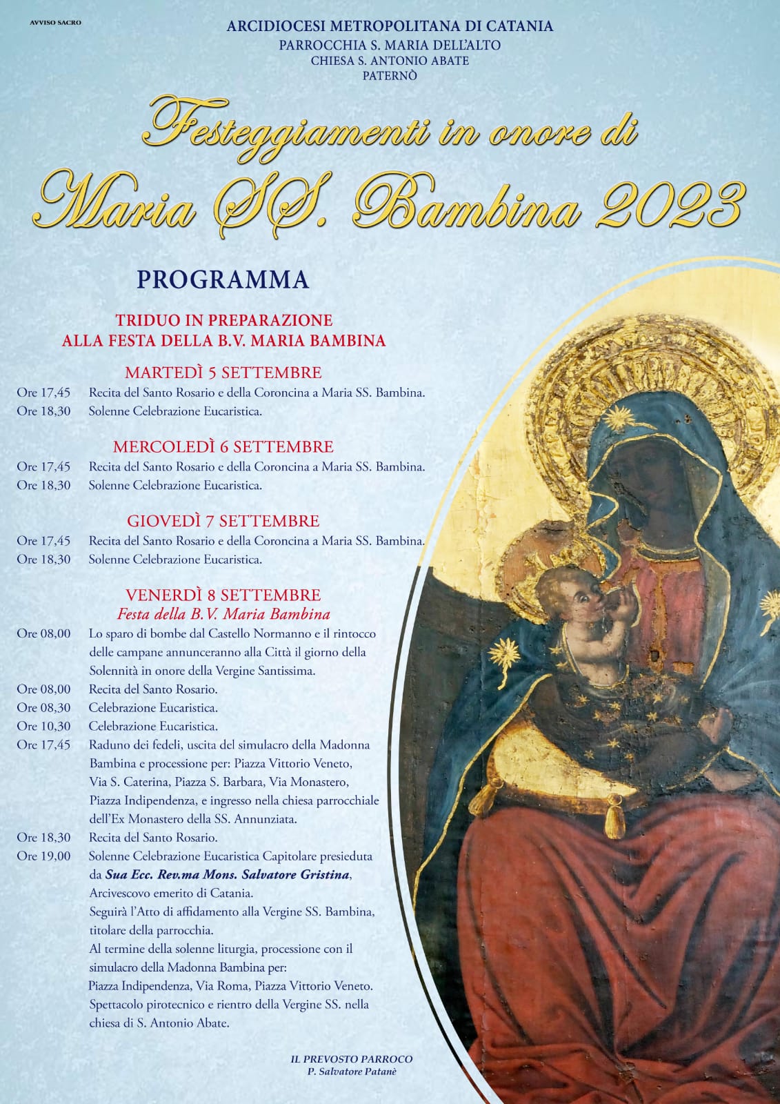 PATERNÒ:AL VIA I FESTEGGIAMENTI IN ONORE DI MARIA SANTISSIMA BAMBINA 2023 – PROGRAMMA