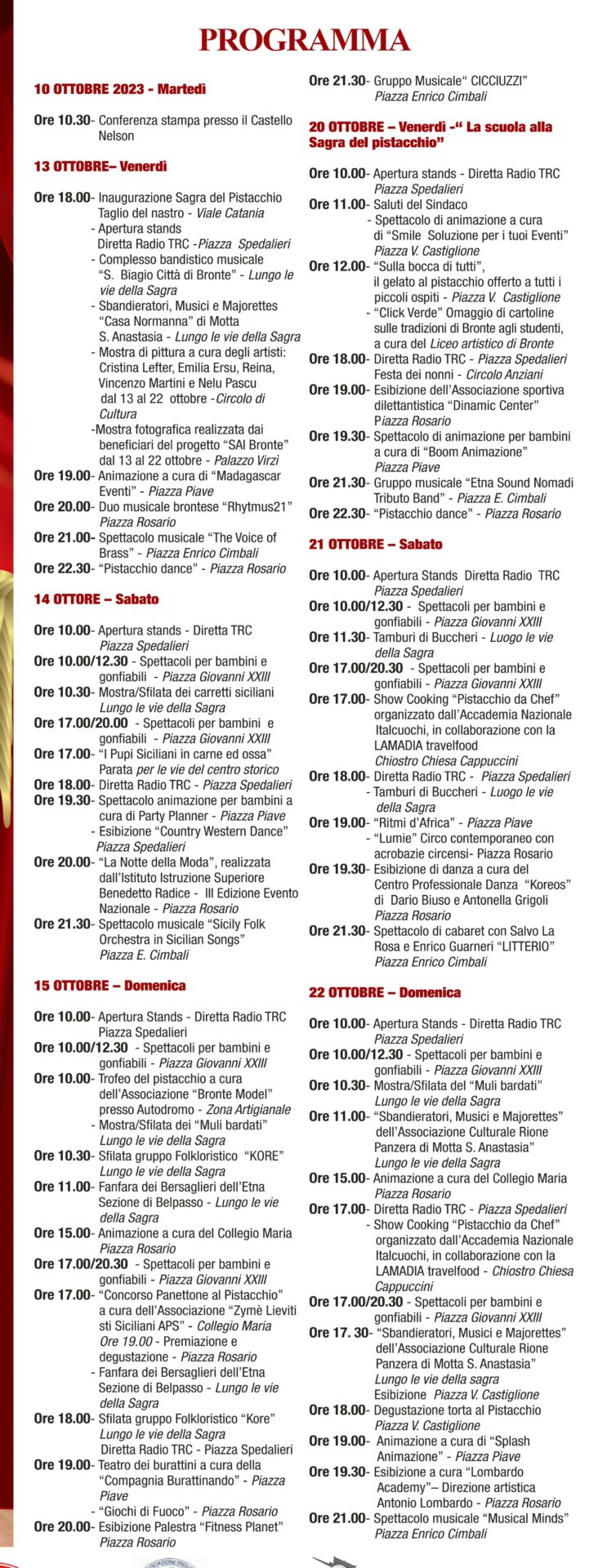 IL PROGRAMMA DELLA SAGRA DEL PISTACCHIO 2023 DI BRONTE