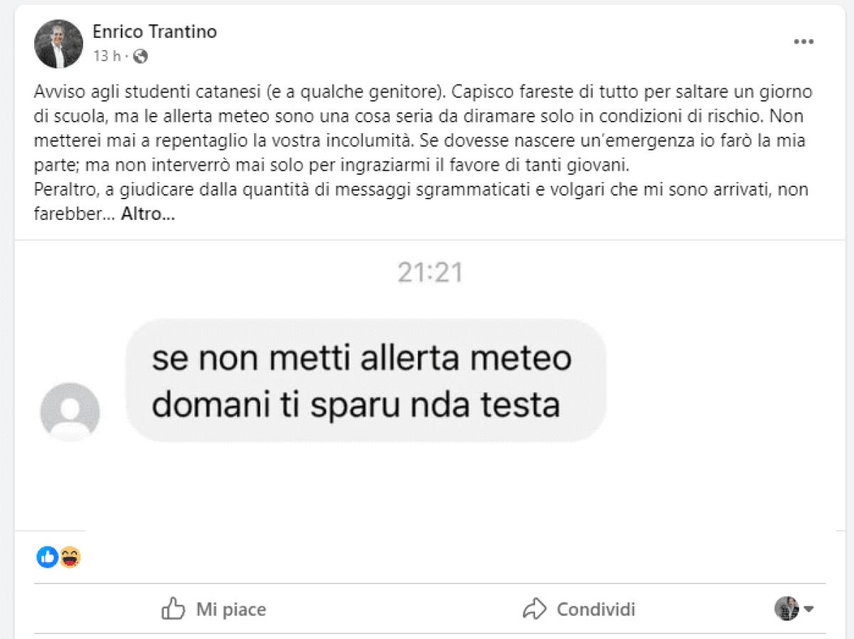 IL SINDACO DI CATANIA NON CHIUDE LE SCUOLE E VIENE MINACCIATO: “TI SPARO IN TESTA”. LA SUA REAZIONE: “NON FAREBBERO MALE A MOLTI DI VOI DOPPI TURNI GIORNALIERI” - 