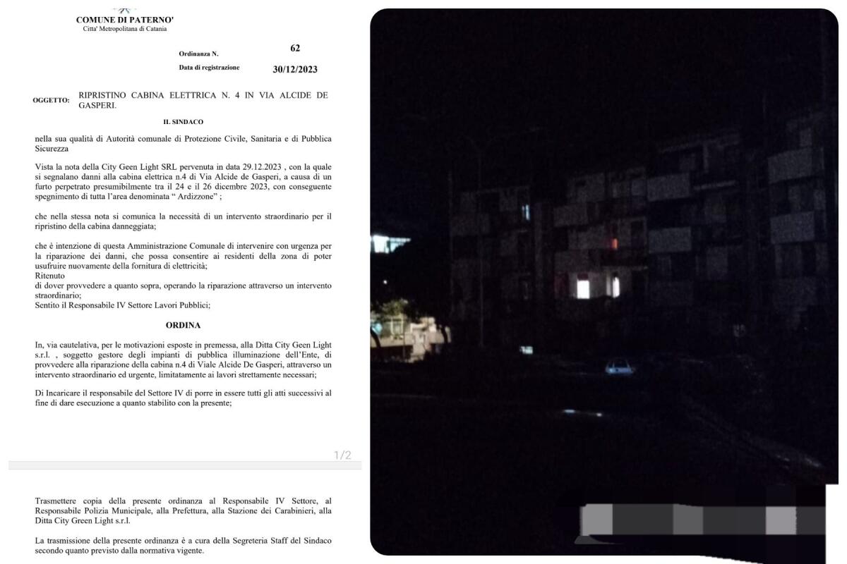 PATERNO’: ORDINANZA DEL SINDACO PER ACCELERARE I LAVORI DI RIPRISTINO DELLA CABINA ELETTRICA DANNEGGIATA - 