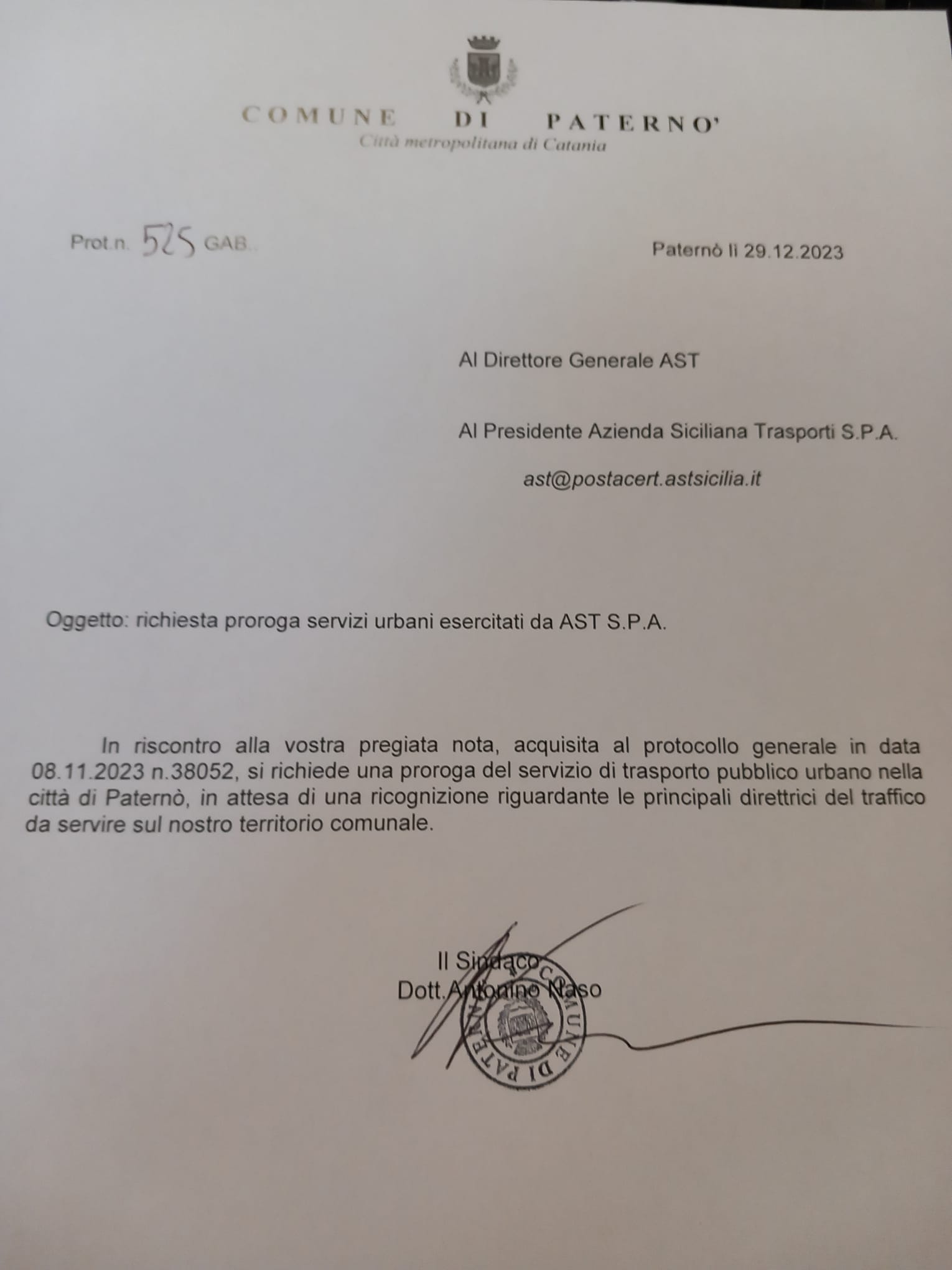 PATERNÒ SENZA TRASPORTO PUBBLICO URBANO: L'APPELLO DEL SINDACO NASO ALL'AST