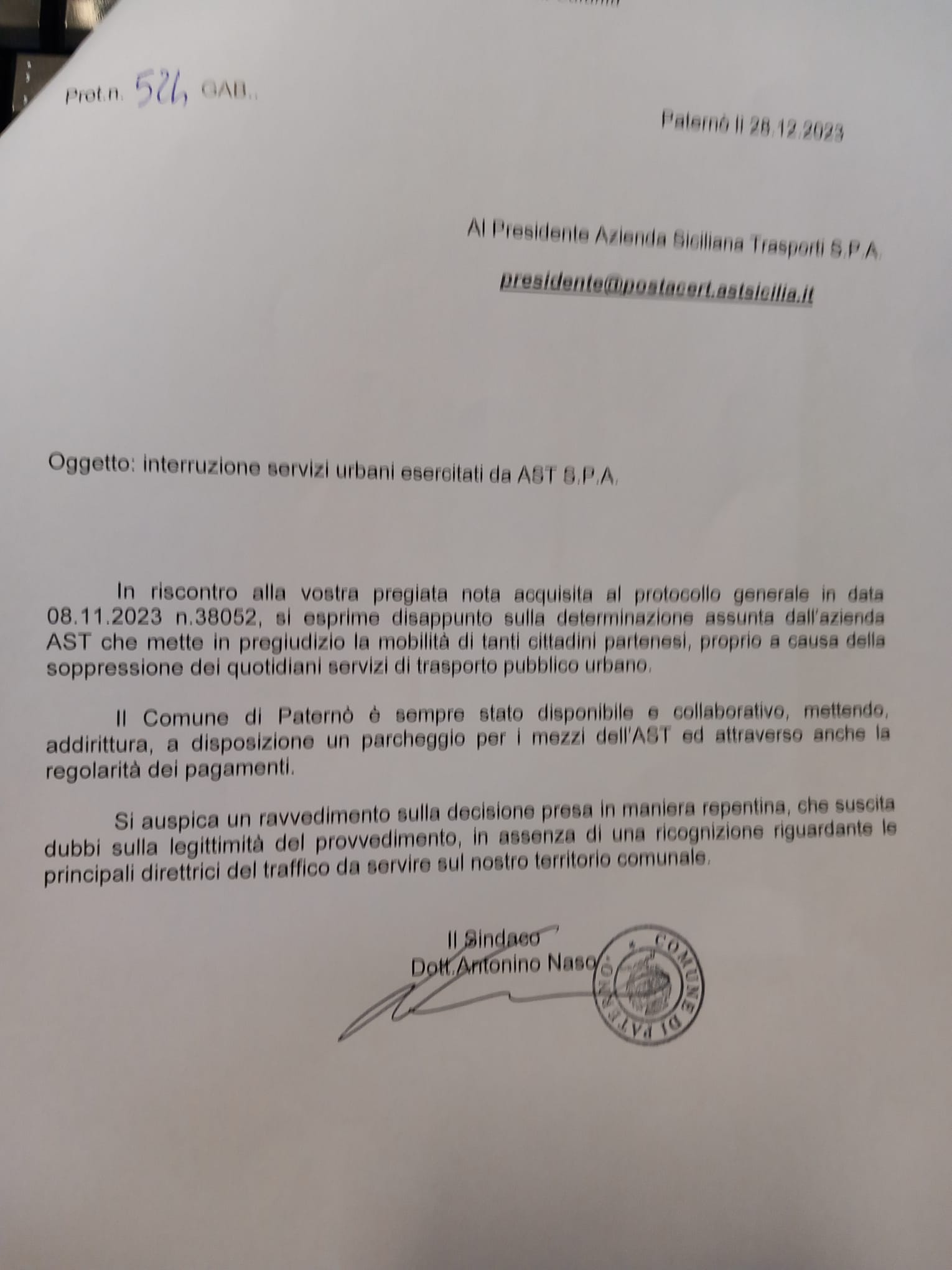 PATERNÒ SENZA TRASPORTO PUBBLICO URBANO: L'APPELLO DEL SINDACO NASO ALL'AST