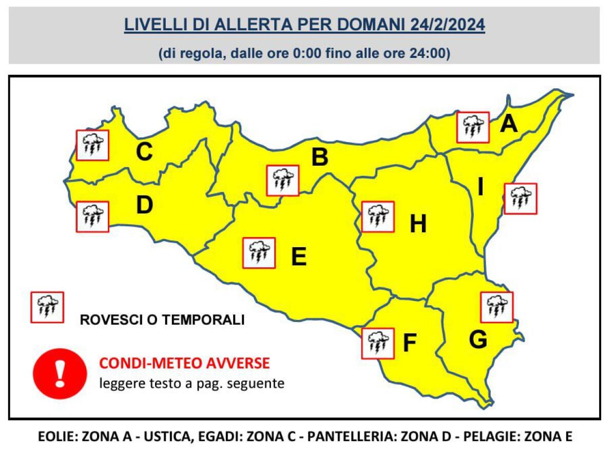 ALLERTA GIALLO DOMANI 24 FEBBRAIO 2024 IN TUTTA LA SICILIA - 