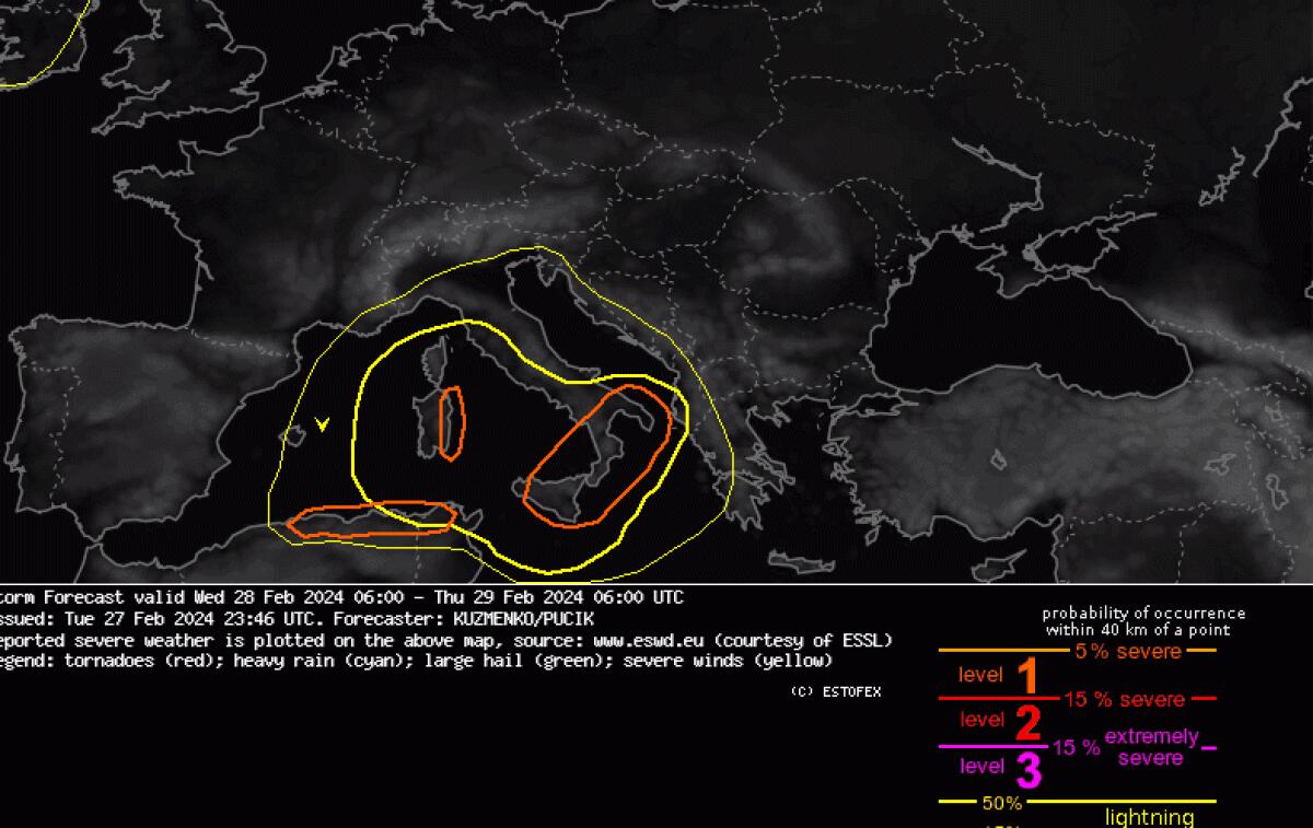 METEO, ALLARME ESTOFEX: “DAL POMERIGGIO MINACCIA DI TORNADO E GRANDINE DI GRANDI DIMENSIONI SULLA SICILIA” - 