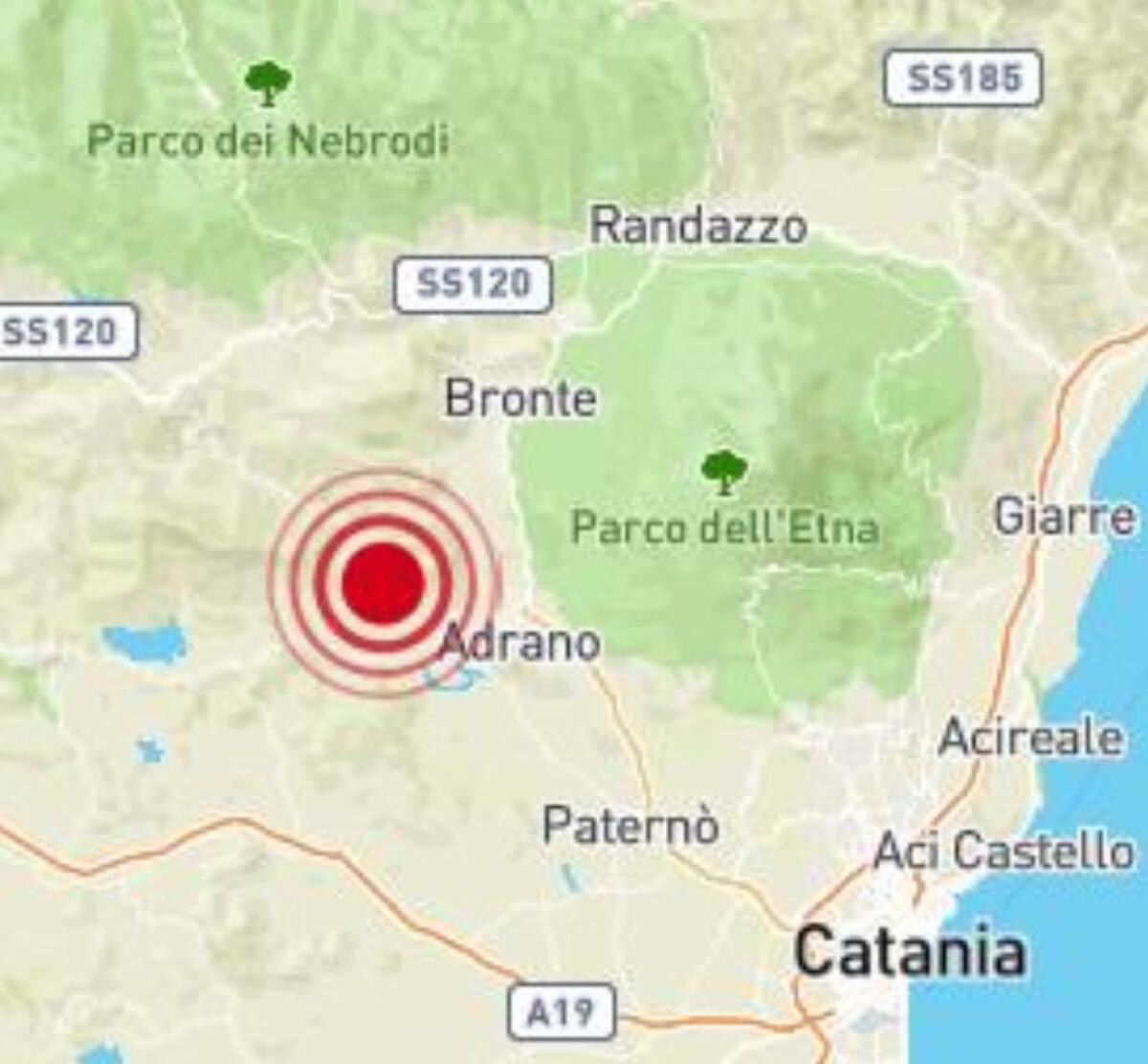 TRE  SCOSSE DI TERREMOTO REGISTRATE IN SERATA CON EPICENTRO  CENTURIPE, ADRANO E BRONTE: LA PIÙ FORTE DI MAGNITUDO 2.5 - 