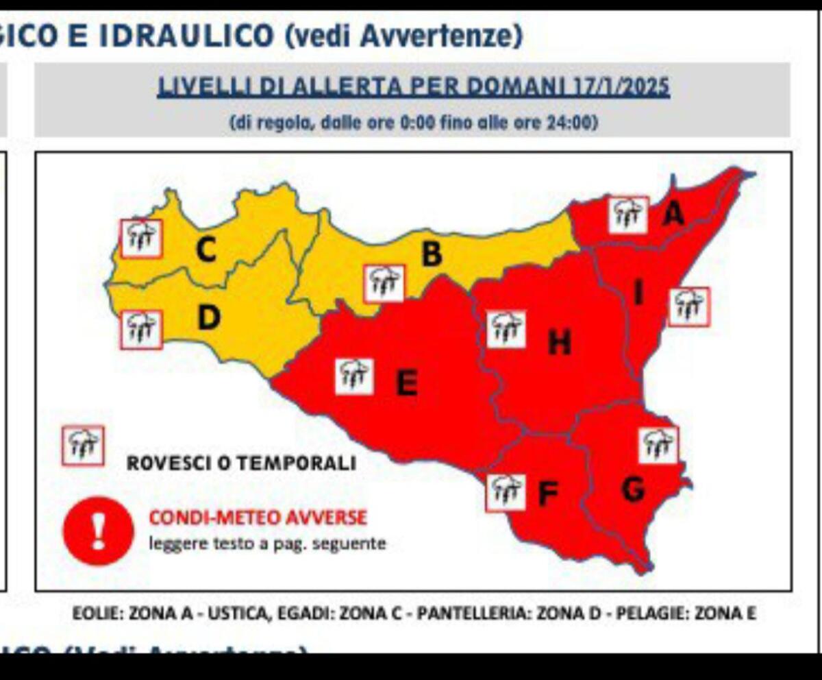 TEMPESTA GABRI IN ARRIVO: EMESSA ALLERTA ROSSA DELLA PROTEZIONE CIVILE IN SICILIA CE NTRO ORIENTALE SCUOLE PROBABILMENTE CHIUSE, IN ATTESA DI CONFERMA - 