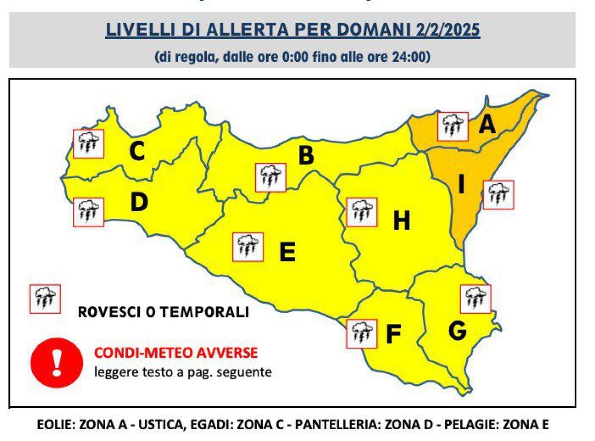 METEO SICILIA: DOMENICA 2 FEBBRAIO ALLERTA ARANCIONE SUI VERSANTI TIRRENICO E IONICO NORD-ORIENTALI, GIALLA SUL RESTO DELL’ISOLA - 
