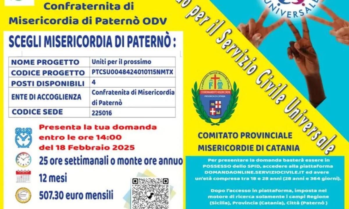 SERVIZIO CIVILE UNIVERSALE: LA MISERICORDIA DI PATERNÒ CERCA 4 GIOVANI VOLONTARI, SCADENZA PROROGATA AL 27 FEBBRAIO - 