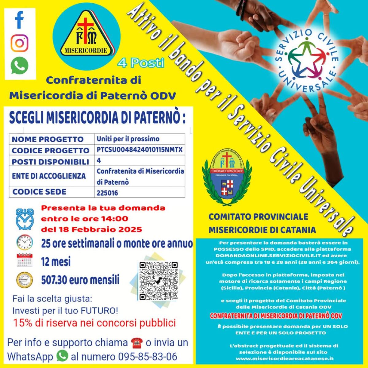 SERVIZIO CIVILE UNIVERSALE: LA MISERICORDIA DI PATERNÒ CERCA 4 GIOVANI VOLONTARI, SCADENZA IL 18 FEBBRAIO - 