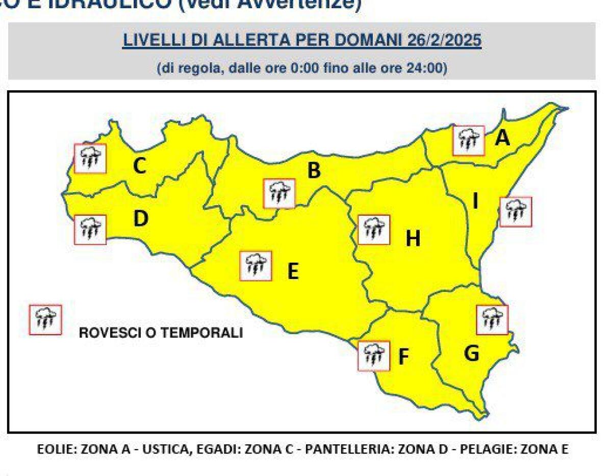 ALLERTA METEO GIALLA IN SICILIA PER IL 26 FEBBRAIO 2025: ATTESE PIOGGE E CALO DELLE TEMPERATURE - 