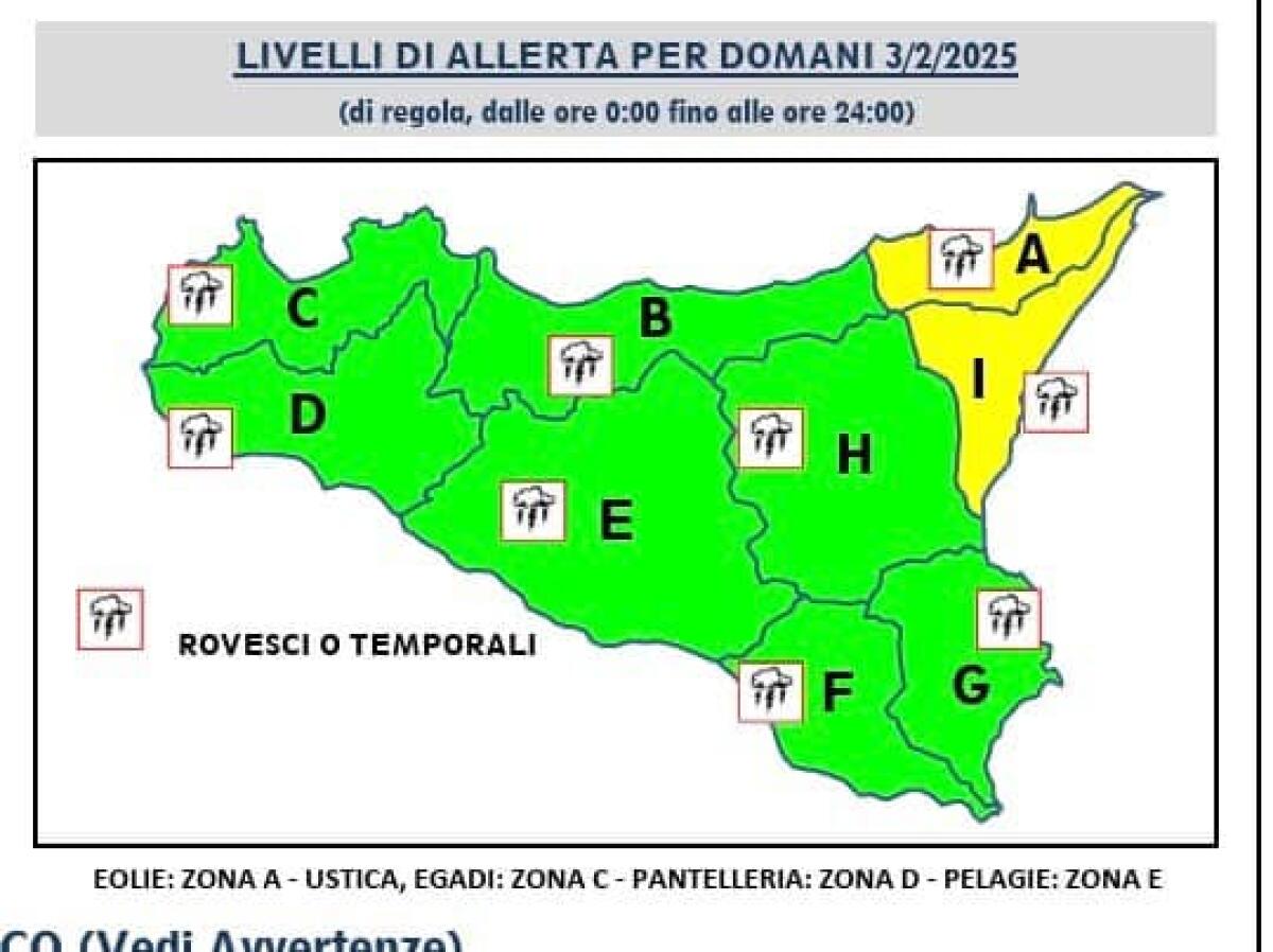 PROTEZIONE CIVILE: ALLERTA GIALLA NEI SETTORI SETTENTRIONALI, ORIENTALI E IONICI DELLA SICILIA, VERDE NEL RESTO DELLA REGIONE - 