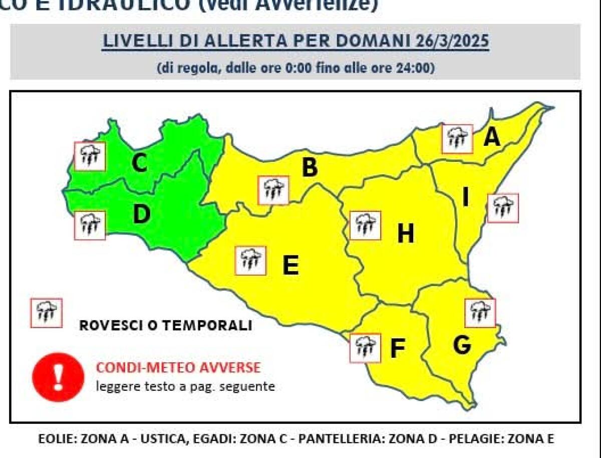 ALLERTA GIALLA: PRECIPITAZIONI INTENSE E VENTI FORTI SULLA SICILIA ORIENTALE E CENTRALE, AVVISO DELLA PROTEZIONE CIVILE - 