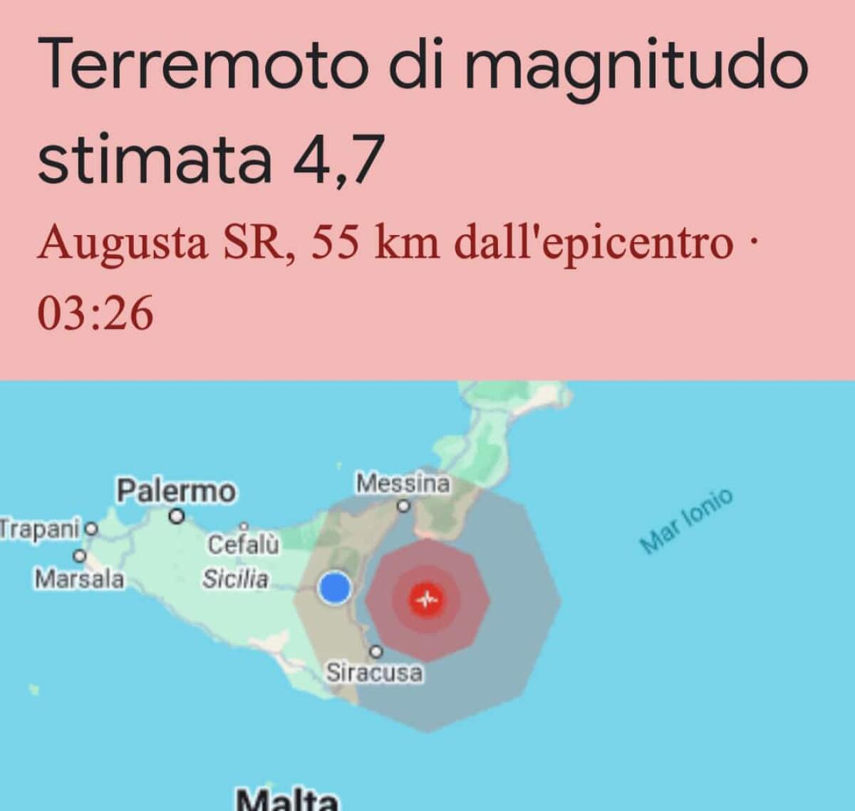TERREMOTO POCHI MINUTI FA NELLA ZONA DI CATANIA CON STIMA PROVVISORIA MAGNITUDO DI 4.7 - 