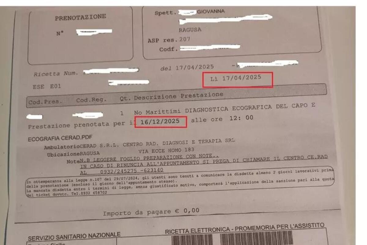 RAGUSA, ECOGRAFIA URGENTE PRESCRITTA PER SOSPETTA PATOLOGIA TIROIDEA: L’ASP FISSA VISITA TRA OTTO MESI - 