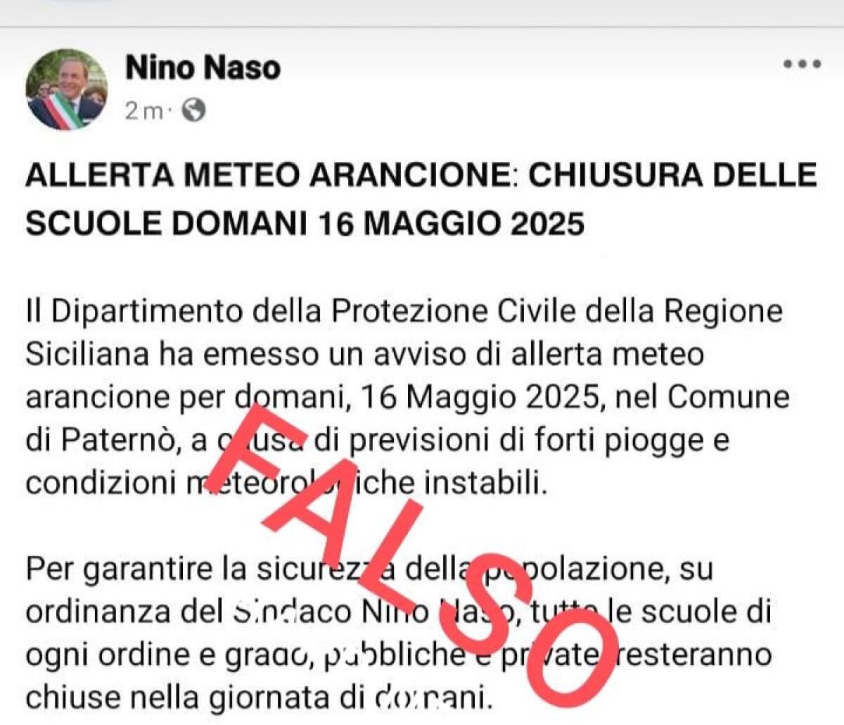 PATERNÒ, FALSO POST DEL SINDACO ANNUNCIA SCUOLE CHIUSE: È UNA BUFALA, DOMANI SI VA REGOLARMENTE A SCUOLA - 
