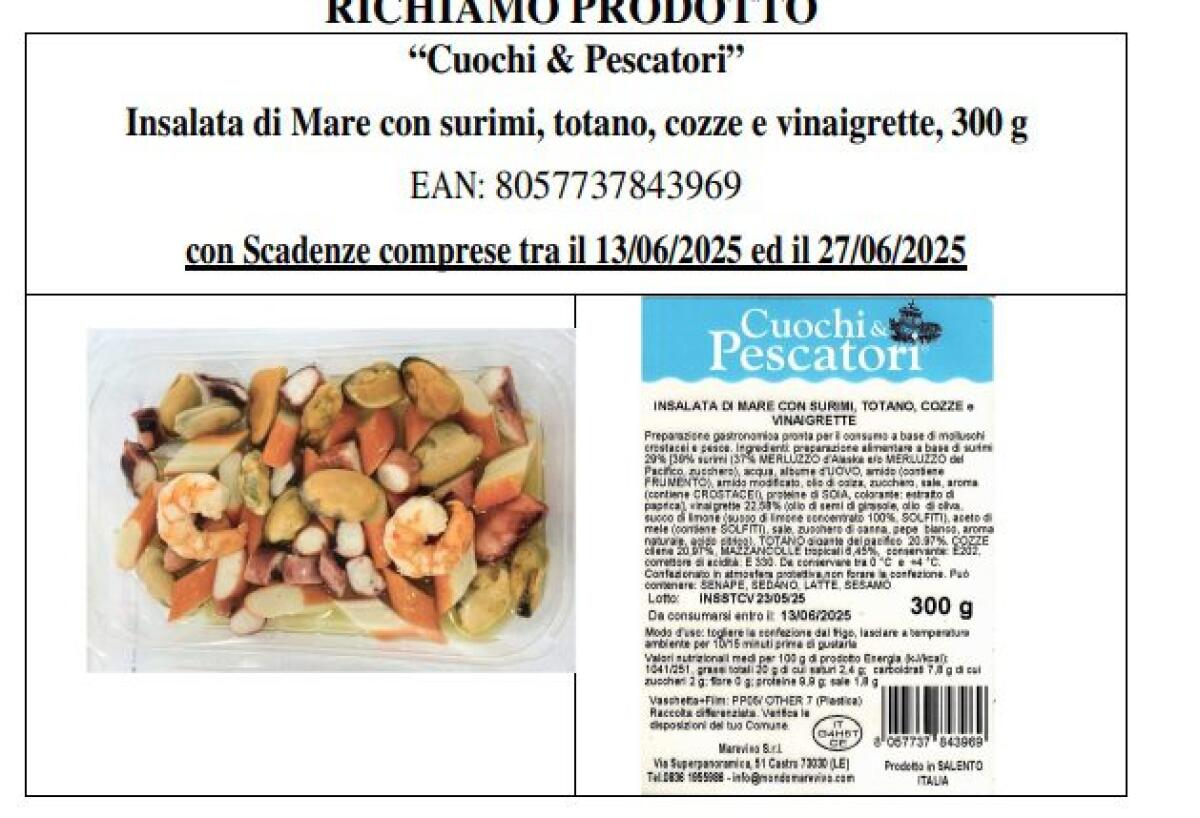 Lidl segnala il richiamo precauzionale di alcuni lotti di Insalata di Mare “Cuochi &amp; Pescatori” - 