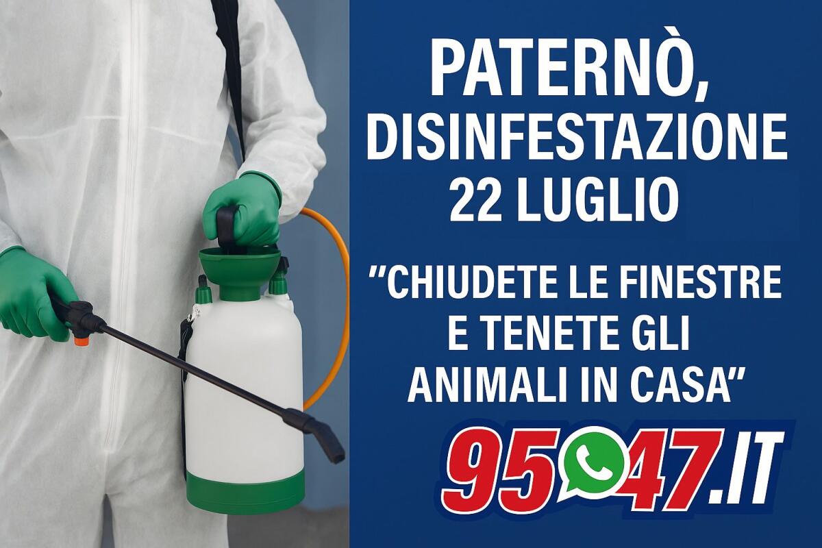 PATERNÒ, DISINFESTAZIONE DOMANI 22 LUGLIO DALLE 8:30: «CHIUDETE LE FINESTRE E TENETE GLI ANIMALI IN CASA» - 