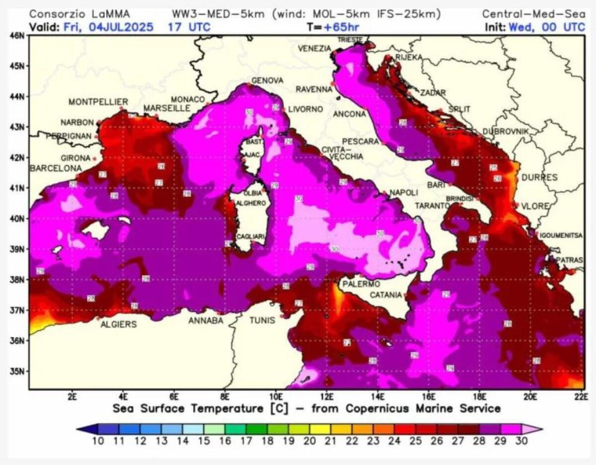 IL MEDITERRANEO BOLLE: ACQUA VICINA AI 30°C COME AI TROPICI — ONDATA DI CALORE SENZA PRECEDENTI E RISCHIO DI TEMPORALI VIOLENTI - 