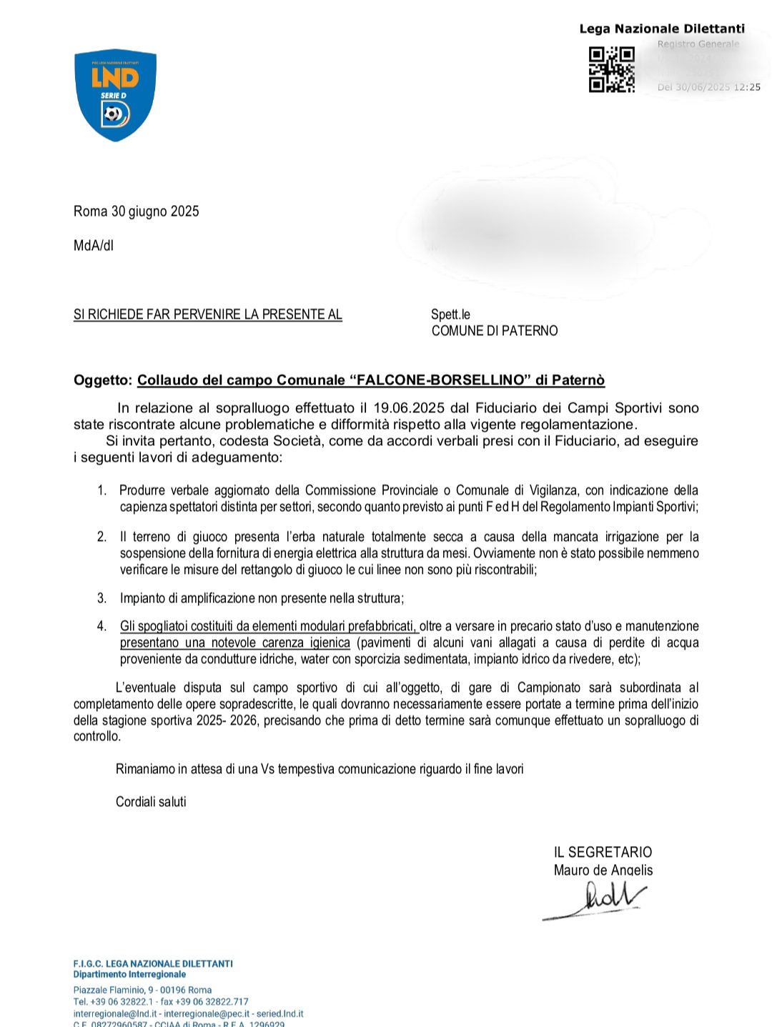 PATERNO’: CAMPO INAGIBILE E RIDOTTO AL DESERTO, LA LEGA CHIEDE LAVORI URGENTI PER L’AGIBILITA’, AL MOMENTO ERBA SECCA E DANNI – LE FOTO E IL VIDEO E LE CARTE CHE DIMOSTRANO LA VERITA’