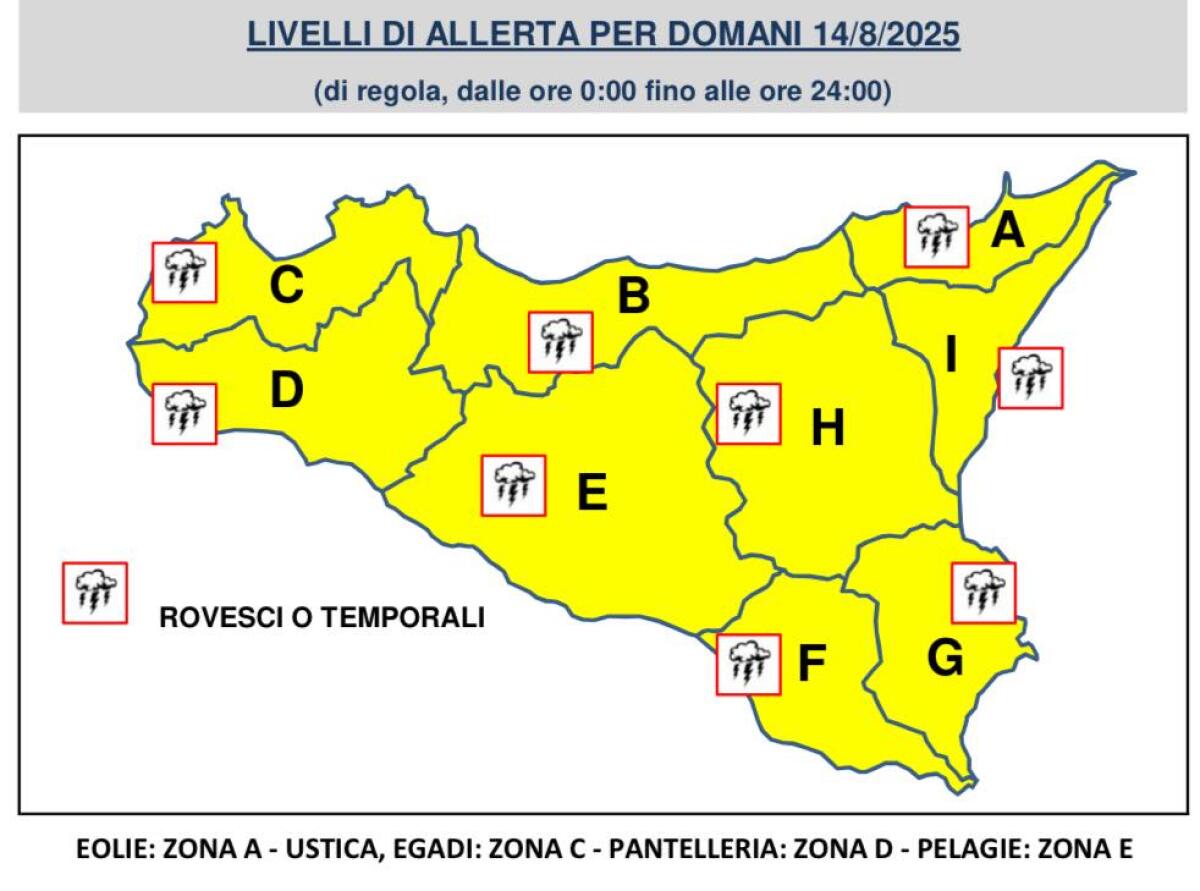 Meteo Sicilia, allerta gialla della Protezione Civile per la vigilia di Ferragosto 2025 - 