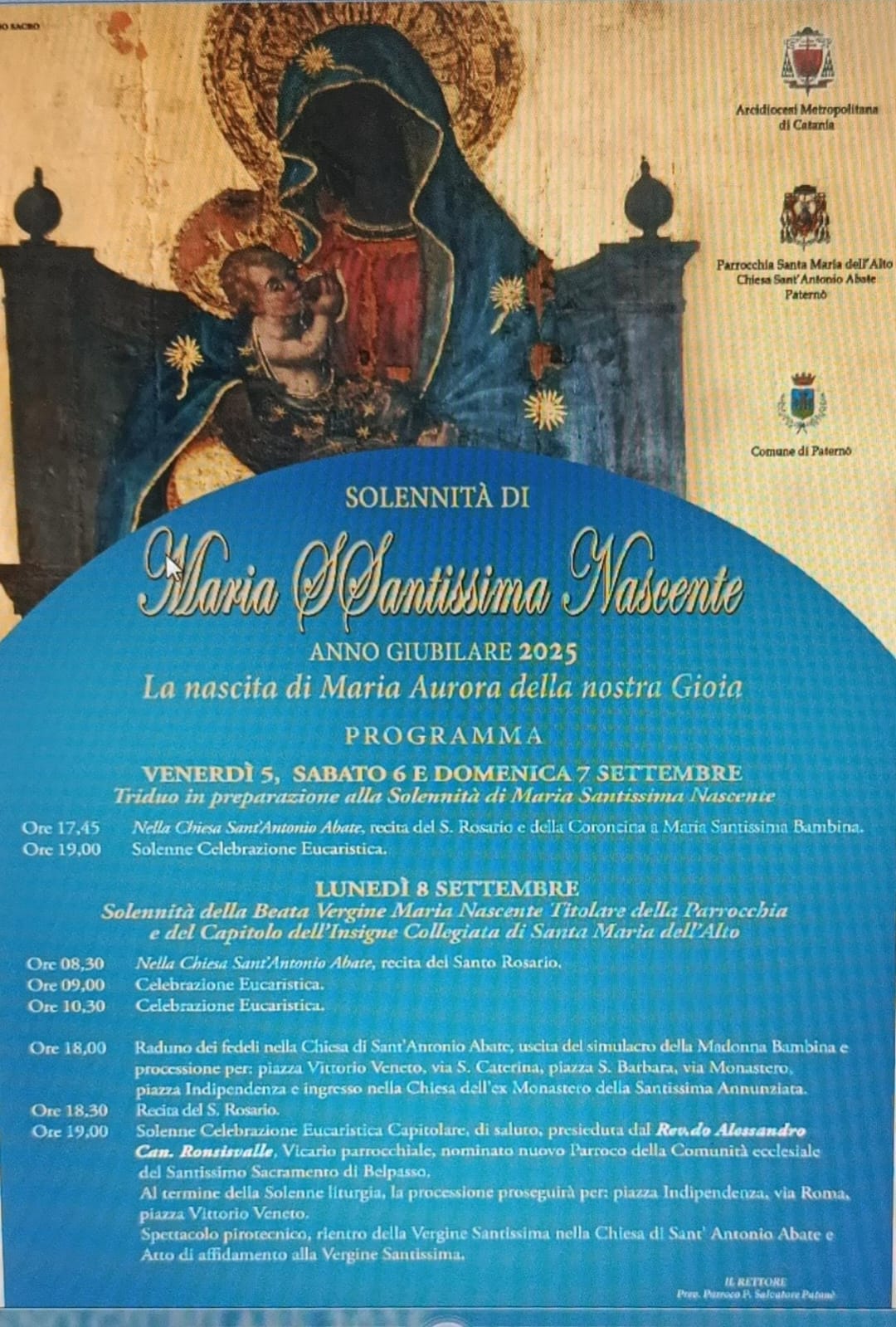 PATERNO’ – Oggi la Solennità di Maria Santissima Bambina: processione e fuochi d’artificio