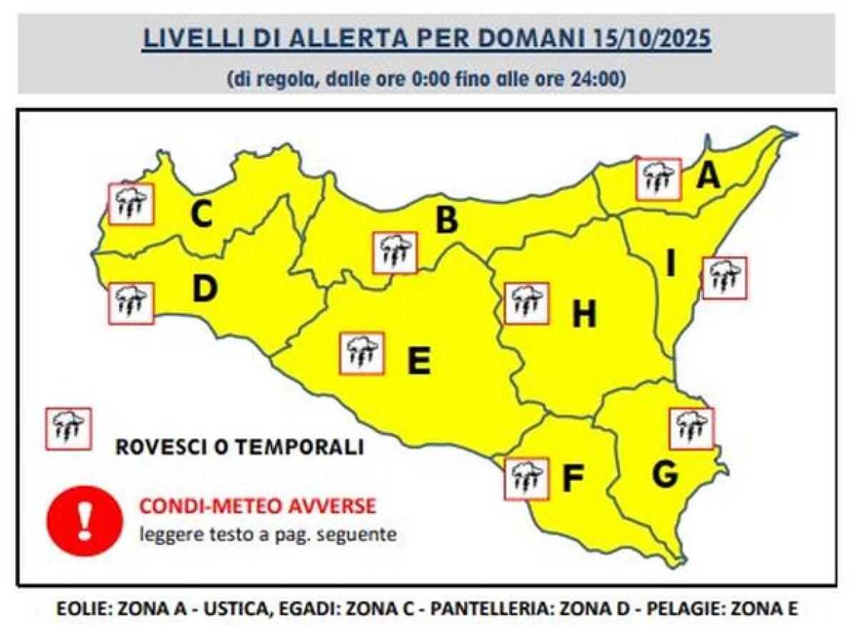 Maltempo in arrivo su tutta la Sicilia: Protezione Civile emette allerta gialla per mercoledì 15 ottobre, attesi piogge e temporali - 