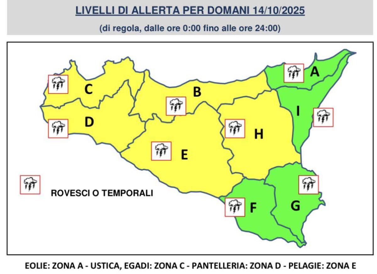 Allerta meteo gialla per martedì 14 ottobre: attesi piogge e temporali in Sicilia - 