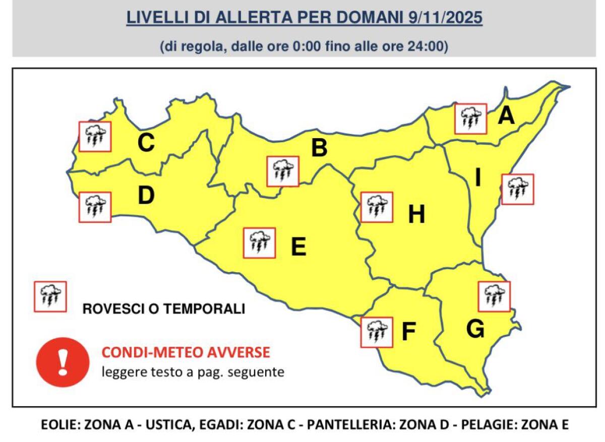 Sicilia, nuova allerta meteo gialla per domenica 9 novembre: piogge e temporali in arrivo su tutta l’isola - 