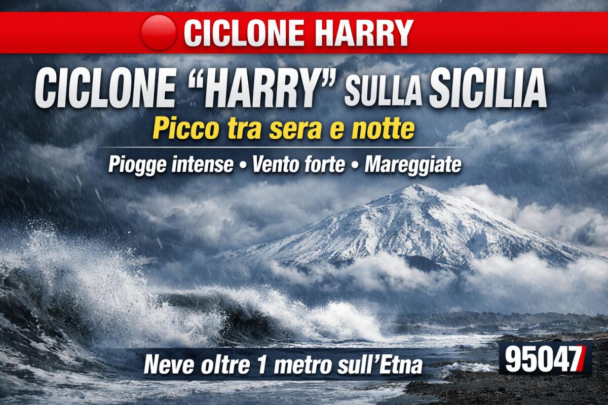 Ciclone “Harry” sulla Sicilia: picco tra sera e notte, allerta per piogge, vento mareggiate e neve oltre il metro sull’Etna - 