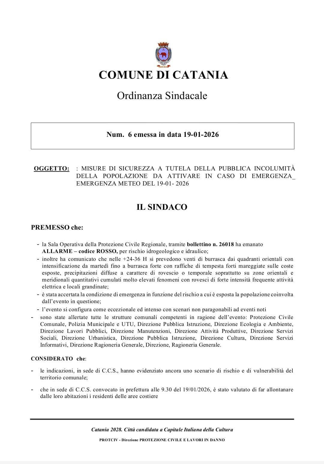 Catania, allerta rossa con effetto immediato: scuole e negozi chiusi fino a mercoledì evacuazioni nelle zone costiere