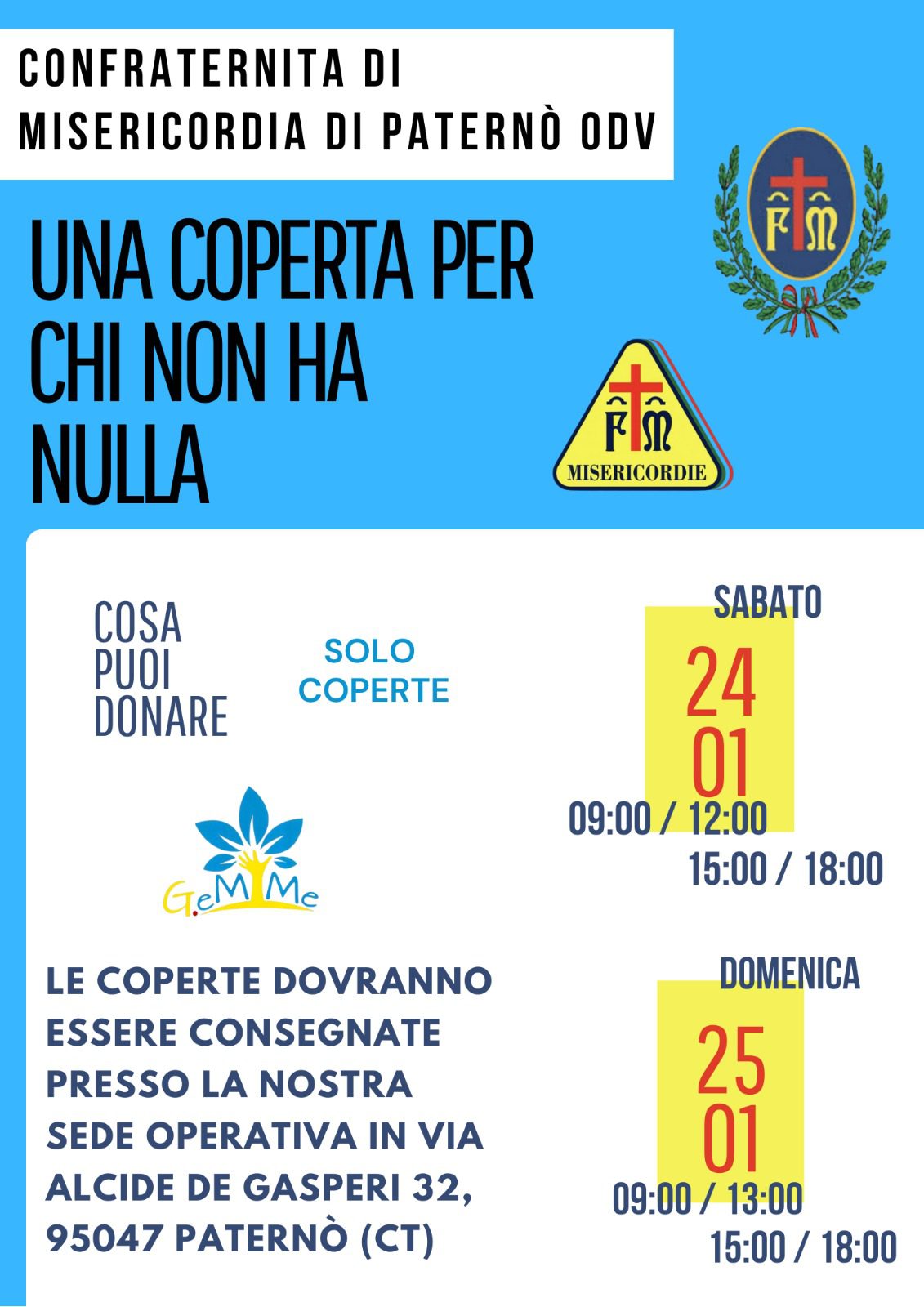 Emergenza freddo a Paternò: sabato e domenica la raccolta coperte della Misericordia “Una coperta per chi non ha nulla”