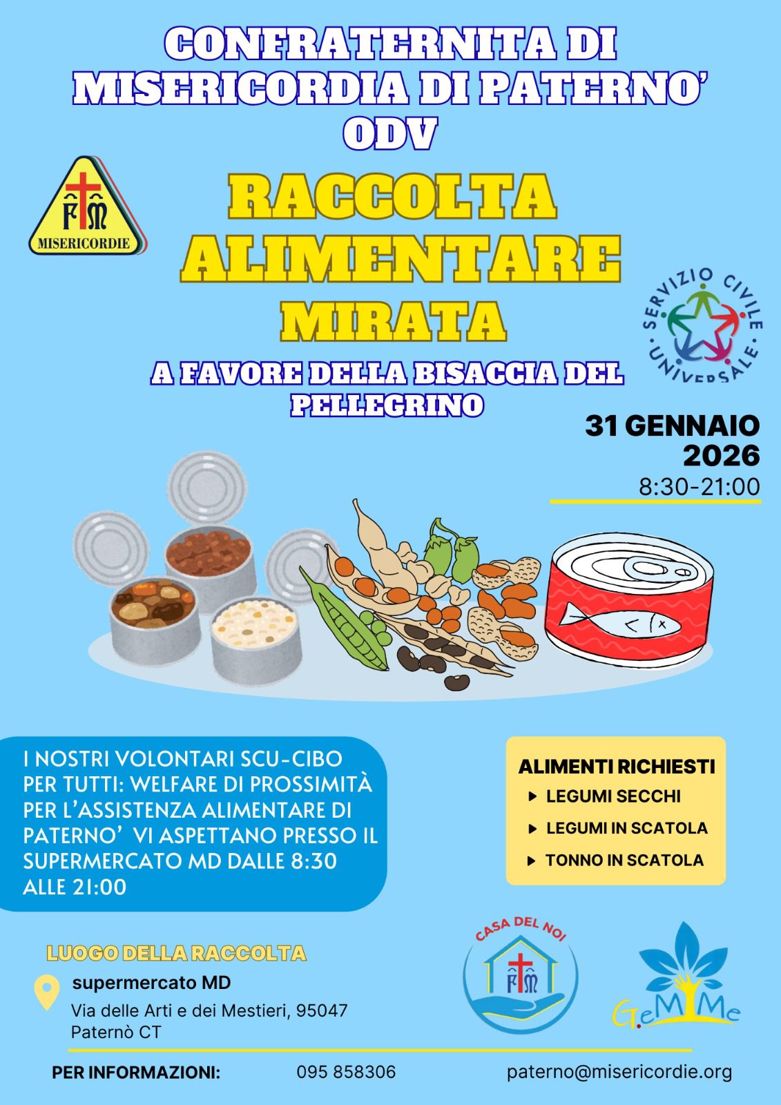 Misericordia di Paternò, dopo le coperte il cibo: raccolta alimentare straordinaria per la mensa “La Bisaccia del Pellegrino”