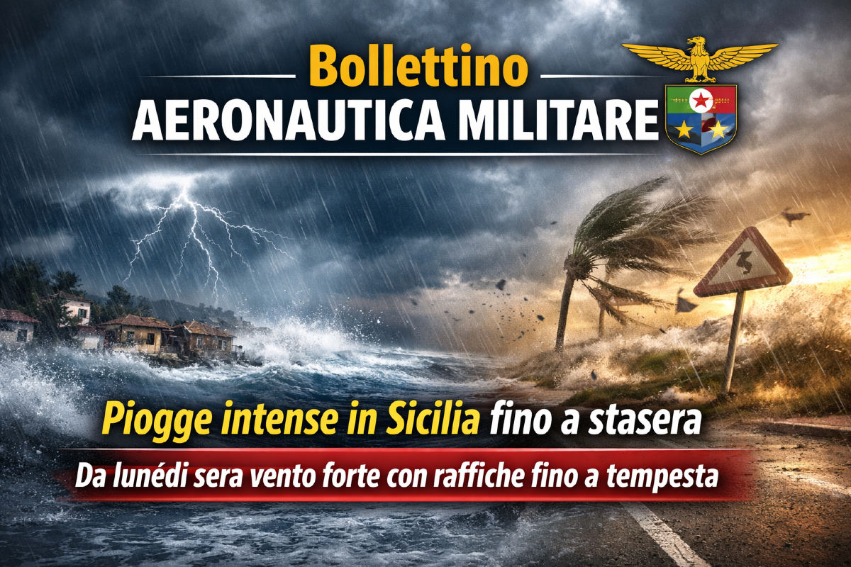 Bollettino Aeronautica Militare: piogge intense in Sicilia fino a stasera, da lunedì sera vento forte con raffiche fino a tempesta - 