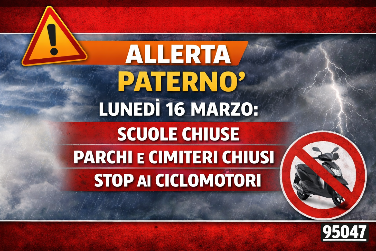 Paternò, allerta arancione lunedì 16 marzo: scuole chiuse, parchi e cimiteri chiusi e divieto di circolazione per i ciclomotori - 