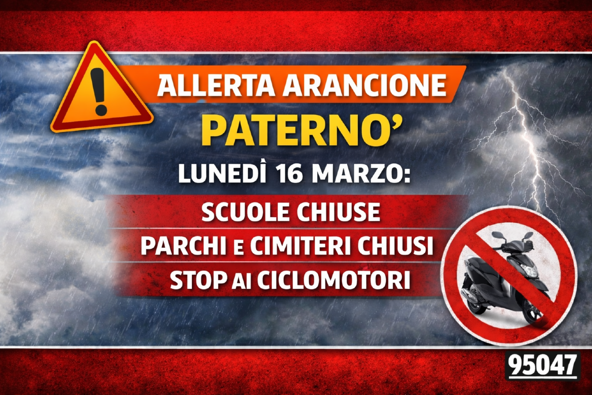 Paternò, allerta arancione oggi  lunedì 16 marzo: scuole chiuse, parchi e cimiteri chiusi e divieto di circolazione per i ciclomotori (Copia) - 