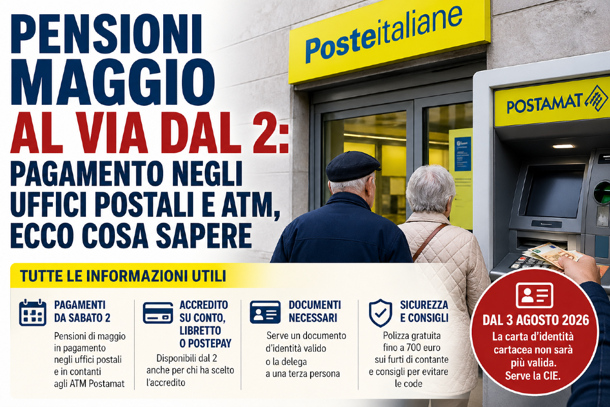 Pensioni maggio al via dal 2: pagamento negli uffici postali e ATM, ecco cosa sapere - 