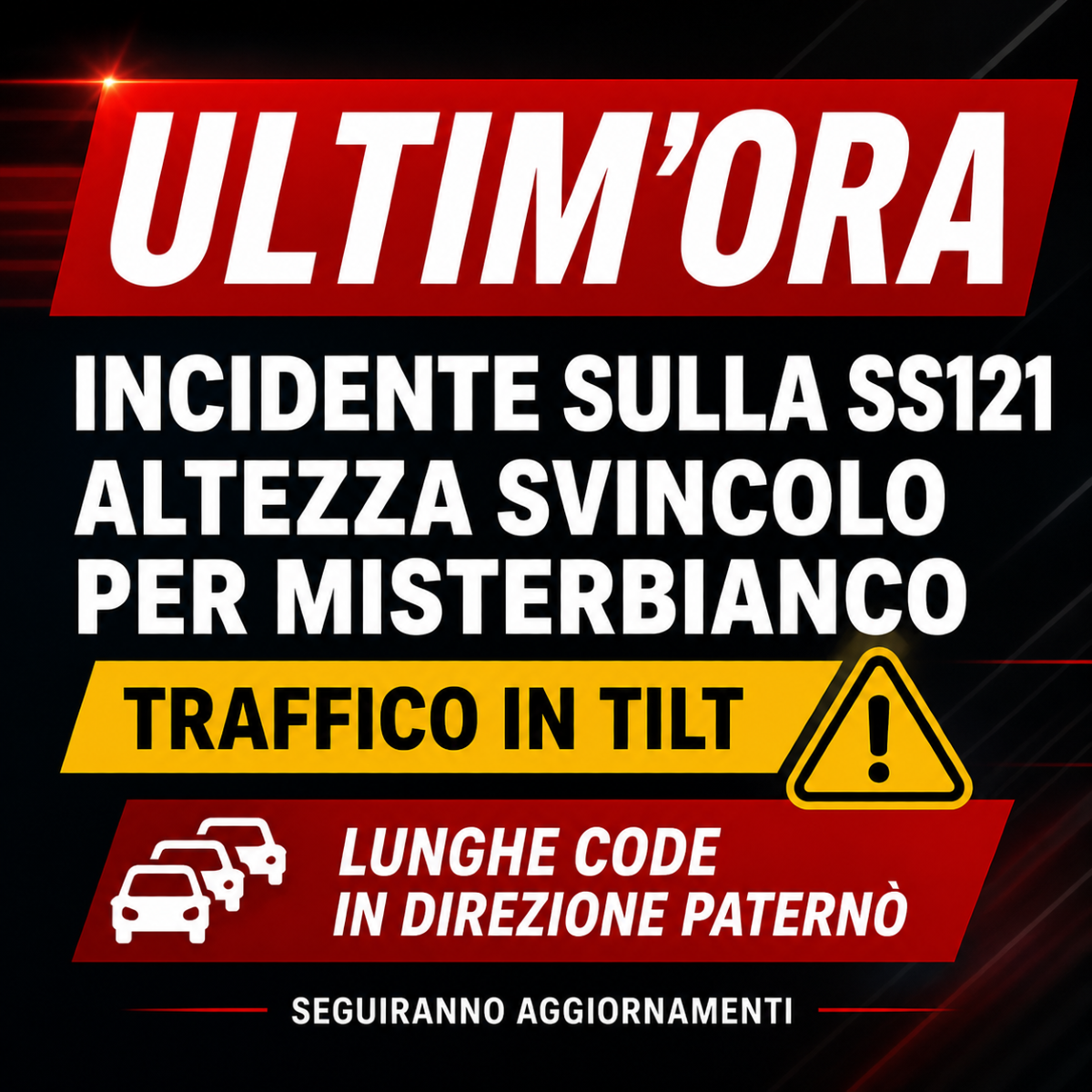 🔴 ULTIM’ORA – Incidente sulla SS121 verso Paternò: lunghe code - 
